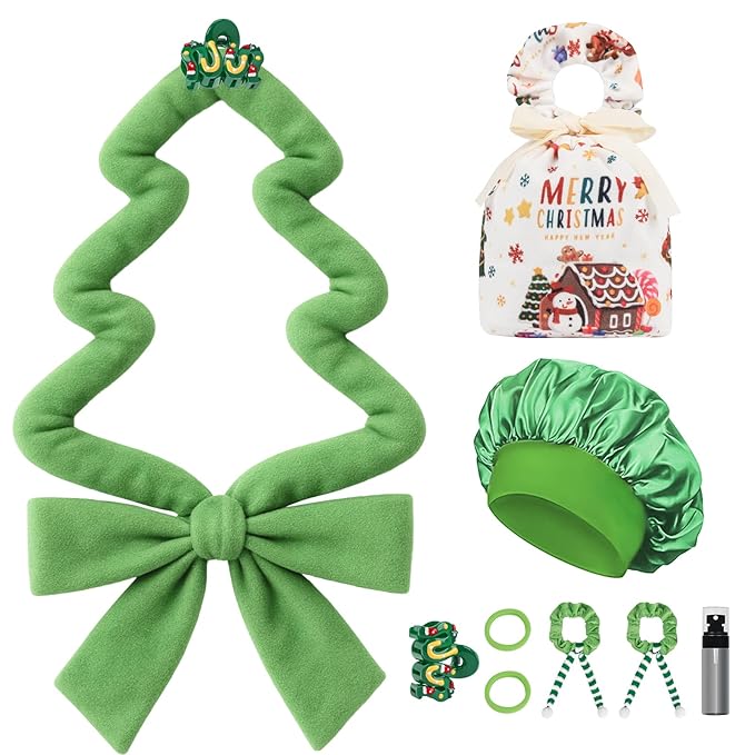 Gwabee 10 PCS Christmas Heatless Curls Overnight Hair Curler, 70" Overnight Curls Hair Curlers to Sleep In with Bonnet for Women Long Hair Volume, Heatless Curling DIY Set - Green