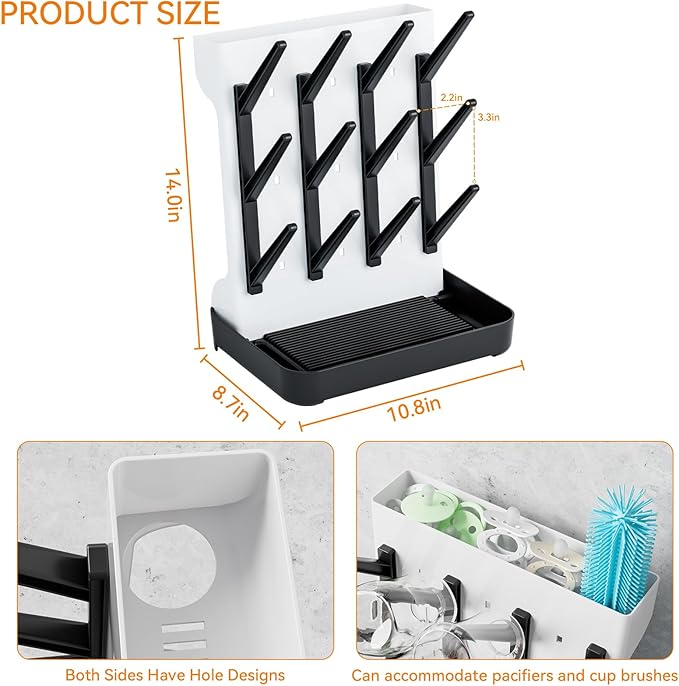 SuoXing Baby Bottle Drying Rack Space Saving,Countertop Vertical Bottle Rack Dryer and Holder for Baby,Large Baby Bottle Station Organizer and Stand for Brushes,Pacifiers,Breast Pump,Dish,Black