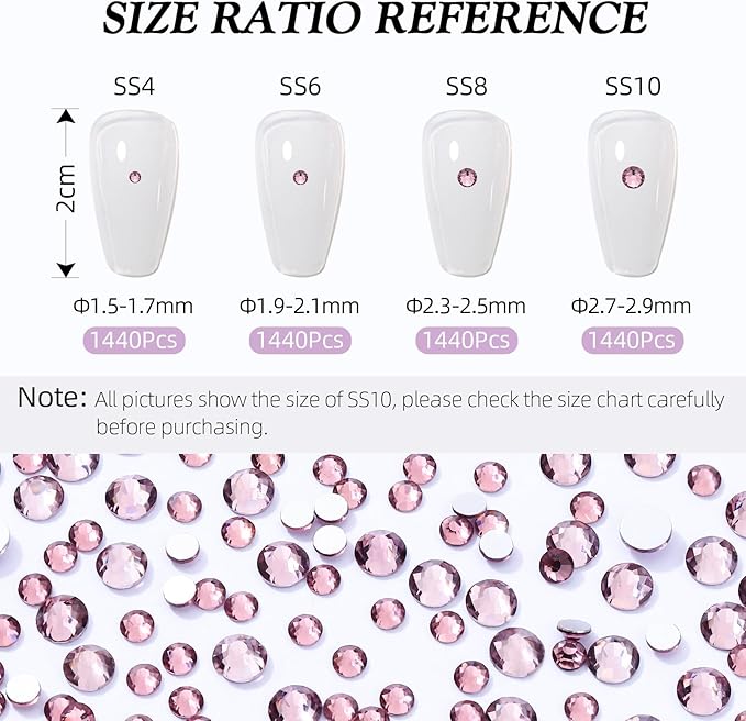 Meibite Light Amethyst Flatback Rhinestones, Glass Rhinestones for Nail Art and Craft, Glue Fix, Loose Crystal Gemstones(Lt.Amethyst, SS4, 1440pcs, 1.5-1.7mm)
