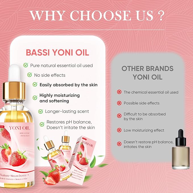 BASSI 2PCS Yoni Oil Organic Feminine Oil Vaginal Moisturizer - Ph Balance for Women - Feminine Deodorant - Eliminates Odor With Strawberry Essential Oil, All Natural Yoni Oil (Strawberry)