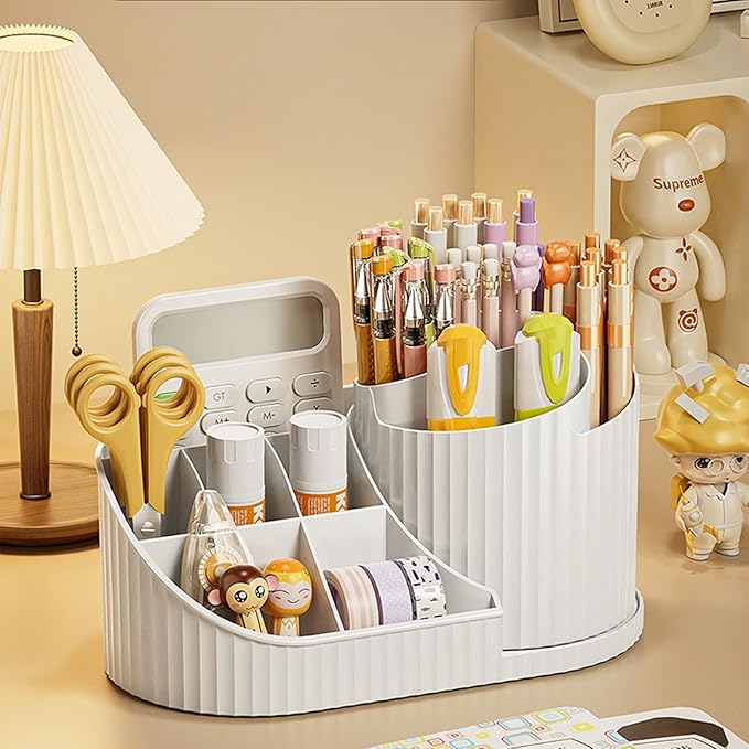 SOVGIZF Makeup Organizer for Vanity, Rotating Cosmetic Storage Organizer with Brush Holder, Skincare Display Case, small Countertop Makeup Holder for Bathroom or Dresser,White