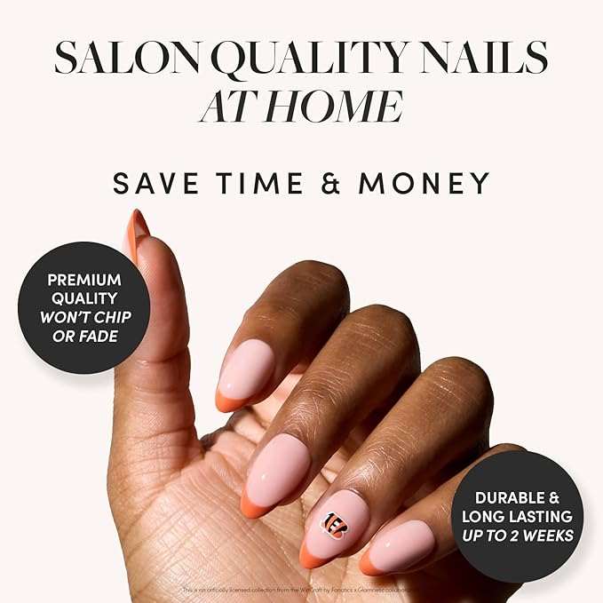 Glamnetic x Fanatics Press On Nails - Cincinnati Bengals | Short Almond Fake Nails, NFL Bengals Orange French Tips, Football Nails, Salon-Quality | 15 Sizes - 30 Nail Kit with Glue