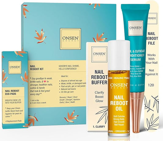 Onsen Secret Complete Nail Reboot Kit w/Cuticle Oil 10ml, Nail File 120/180 Grit Double Sided, A 3-Way Buffer Block & Cuticle Serum-15ml in Action | Super Value Pack