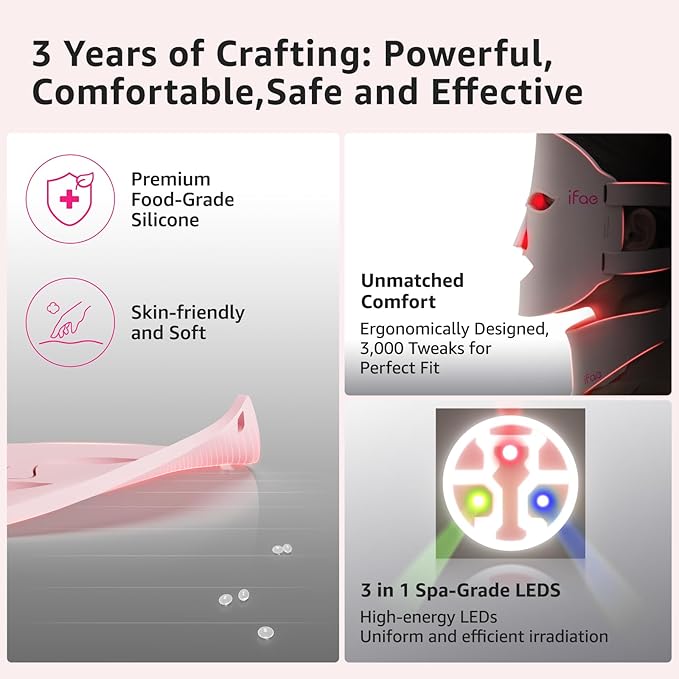 Red Light Therapy Mask for Face and Neck, 7 Colors with NIR Led Face Mask Light Therapy with Eye Protection and Remote, Rechargeable Ergonomic Design for True Anti-Aging Skincare at Home (Pink)