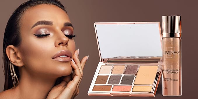 LUMINESS Complete Makeup Kit - Includes Face Palette, Airbrush Foundation, Primer and Brush - Silky, Long-Wearing, Easy to Blend, Perfect Makeup for Older Women, 4-PC Make Up Set (16 - Light Rich)