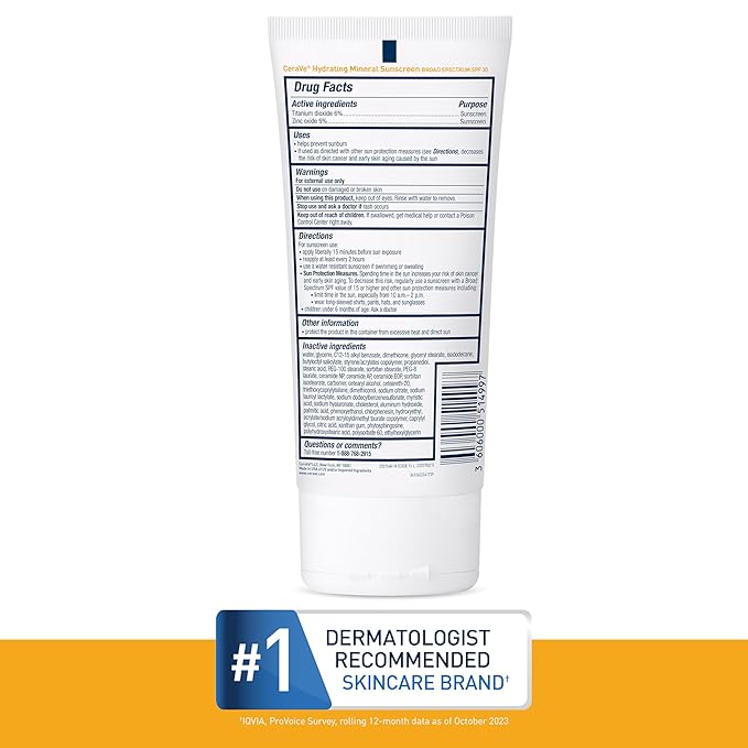 CeraVe 100% Mineral Sunscreen SPF 30 with Zinc Oxide & Titanium Dioxide, Hyaluronic Acid & Ceramides, Oil Free, Non-Greasy, Hydrating Mineral Sunscreen For Body, 5 oz