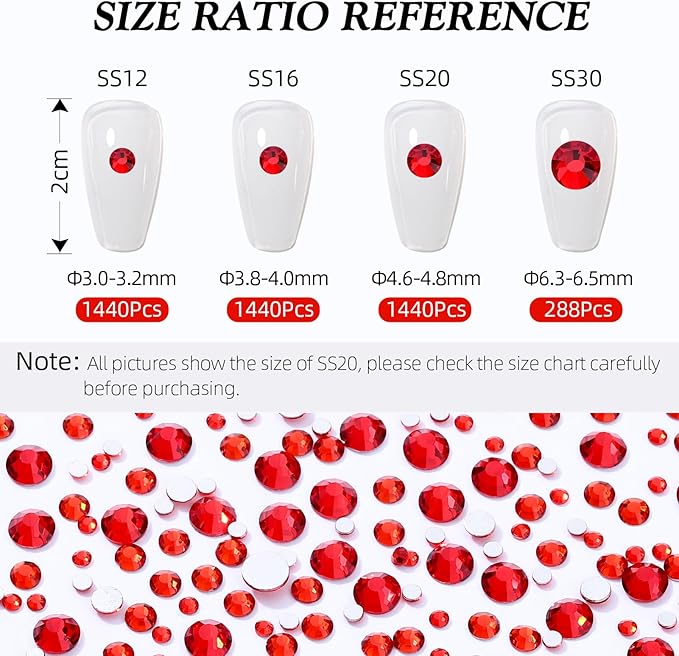 Meibite Light Siam Flatback Rhinestones, Glass Rhinestones for Nail Art and Craft, Glue Fix, Loose Crystal Gemstones(Red, SS12, 1440pcs, 2.9-3.0mm)
