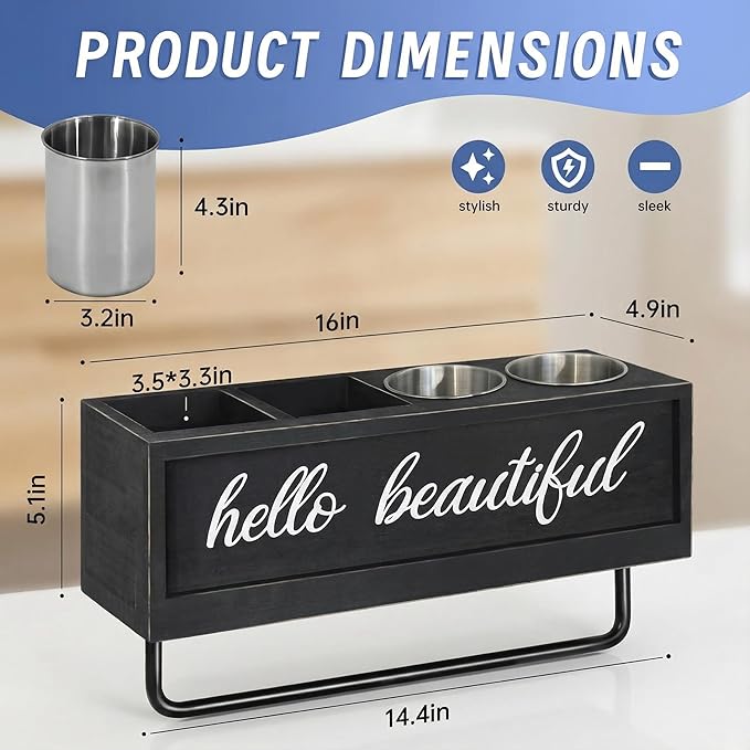 Hair Dryer Holder Wall Mounted, Hair Tools and Styling Organizer with Towel Bar, Farmhouse Beauty Hair Appliance Holder for Flat Iron, Curling Wand, Towel Rack (Black)