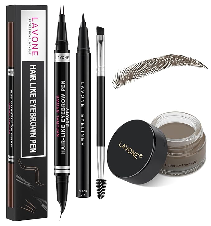 LAVONE Hair-Like Eyebrow Pen Makeup kit, Eyebrow Pencils for Women with Waterproof Microblading Eyebrow Pencil, Eyebrow Pomade, Eyeliner and Eyebrow Brush, Create Full, Natural Brows, Dark Grey
