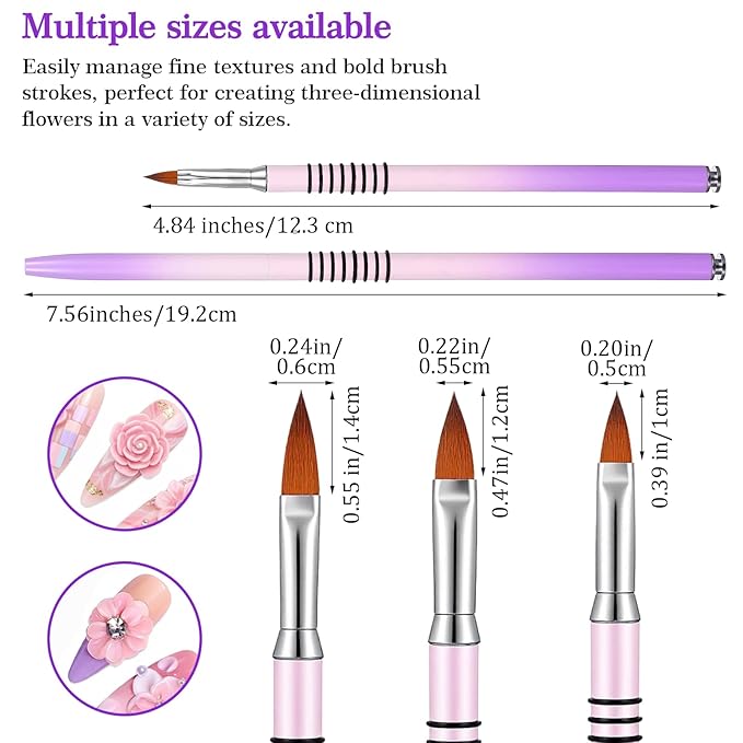 Purple-Pink Gradient Acrylic Nail Brush 3PCS Nail Art Brushes Set Non-slip Grip Handle Professional Nails Design Pens Tools for Acrylic Application, Extension & 3D Carving - Sizes 2/4/5