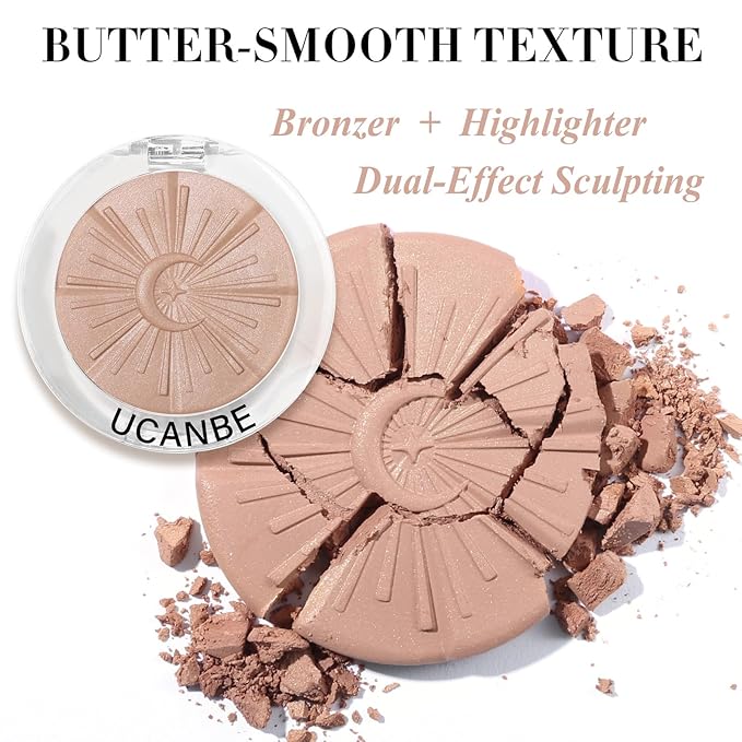 UCANBE Baked Luminous Bronzer Skin Enhancer, Buildable Powder Bronzer 2-in-1 Highlight and Contour, Ultra-Fine Smooth Formula, Long-Lasting Natural Sunkissed Glow - 02 Caramel Glow (Medium Bronze)