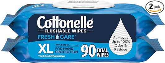 Cottonelle XL Flushable Wet Wipes, Adult Wipes Large, 2 Flip-Top Packs, 45 Wipes Per Pack (90 Total Wipes), Packaging May Vary