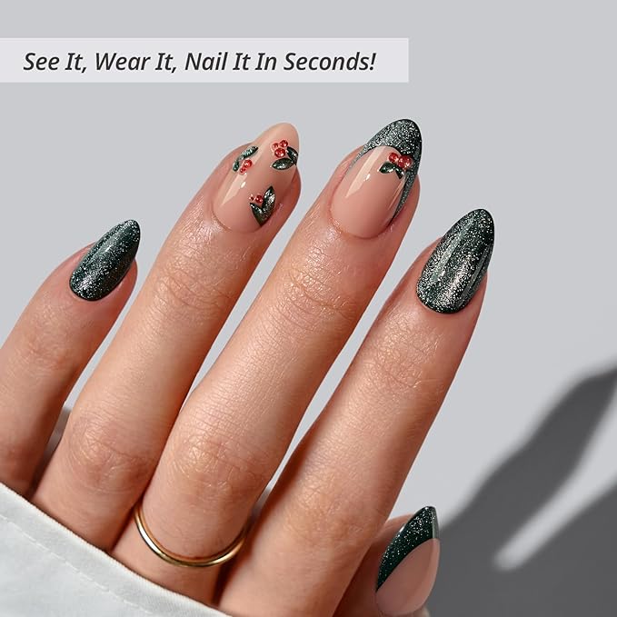 BTArtbox Press On Nails Almond - Holly Hypnotic, 3D Cheey Short Glitter French Tip Christmas Press On Nails with Glue and Adhesive Tabs for Women in 16 Sizes - 32 Soft Gel Glue On Nails Kit
