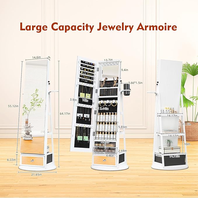 Mirror Jewelry Cabinet Standing, 6 LED Lights, 360° Swivel Full Length Mirror with Storage, Jewelry Armoire Organizer with Drawer, Foldable Makeup Shelf