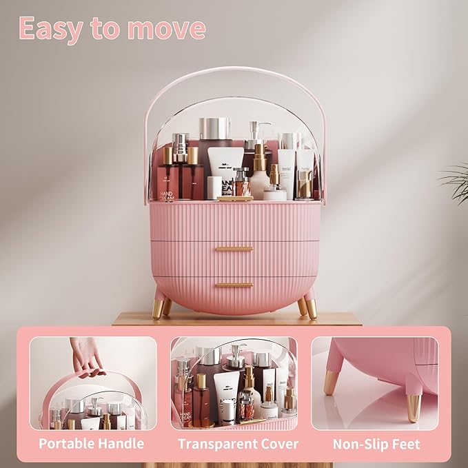Makeup Organizers Countertop, Makeup organization for Vanity, Cosmetic Storage with Lid and Drawers, Skincare Display Cases with for Desktop, Bathroom (Pink)