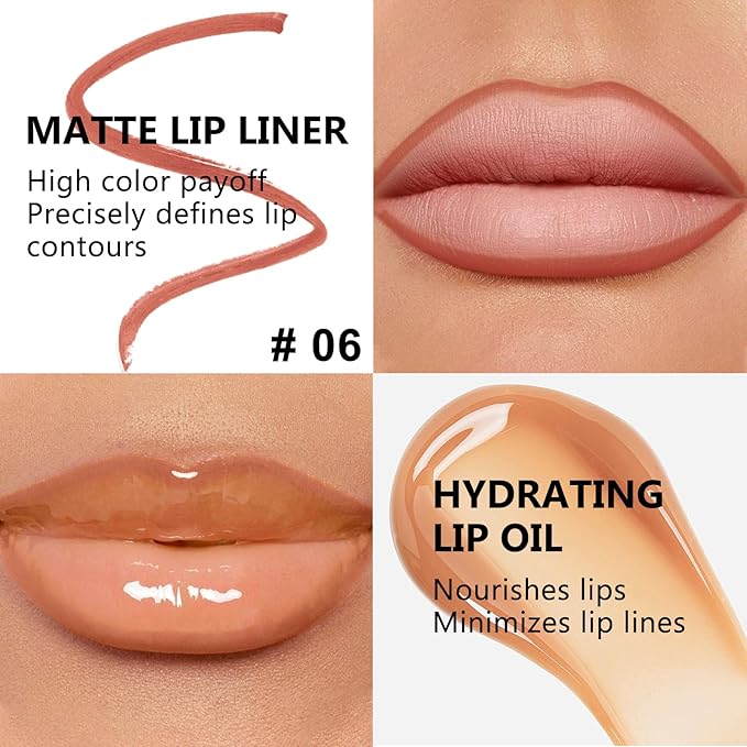 Jutqut Brown Lip Liner and Gloss Lip Kit, Waterproof Long-Lasting Combo Set with Matte Lip Liner Pencil and Non-Sticky Pluming Tinted Gloss, Highly Pigmented Lipliner Set for Women (06 Brown)
