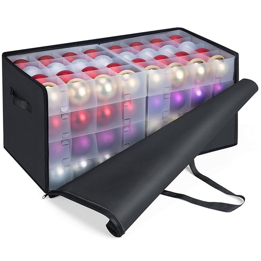 BALEINE Christmas Ornament Storage Box with Dividers, Premium Holiday Ornaments Storage Container Bin for Xmas Decorations (128 Ball, Black, Soft)