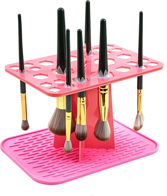 Acrylic Brush Holder, 26 Slots Drying Holder Rack, Makeup Brush Storage Organizer for Hanging, Display Stand Upside Down with Suction for Women Girls (Pink)