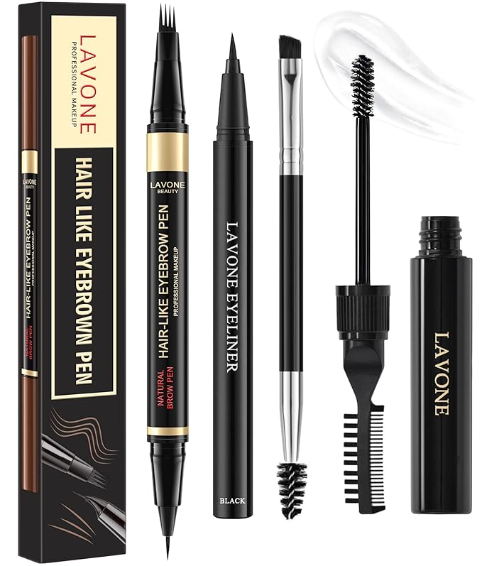 Eyebrow Pencil Kit, with Microblading Eyebrow Pen, Eyebrow Gel, Eyeliner, Eyebrow Brush, Eyebrow Pencils for Women, Waterproof, Smudge Proof, Long Lasting Makeup Formula - Ebony