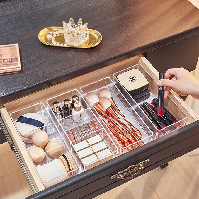 WECHENG Acrylic Makeup Organizer: Drawer Organizer for Bathroom - Stackable Cosmetic Display Cases for Vanity Countertop and Makeup Storage Containers (3-Compartment)