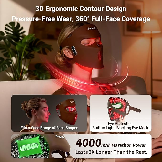 3D LED Red Light Therapy Mask, FDA-Cleared, Anti-Aging & Blemish Repair, 5 Modes Red, Blue, Yellow & 1072nm Near-Infrared Lights, Eye-Protection, Portable 360 LEDs Face Mask for Home Travel