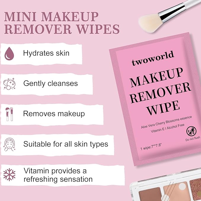Twoworld Makeup Remover Wipes Bulk Individually Wrapped,Travel Makeup Wipes Gentle for Face Cleansing Mascara Lipstick Travel Hotel(Aloe Vera & Cherry Blossoms,Pack of 100)