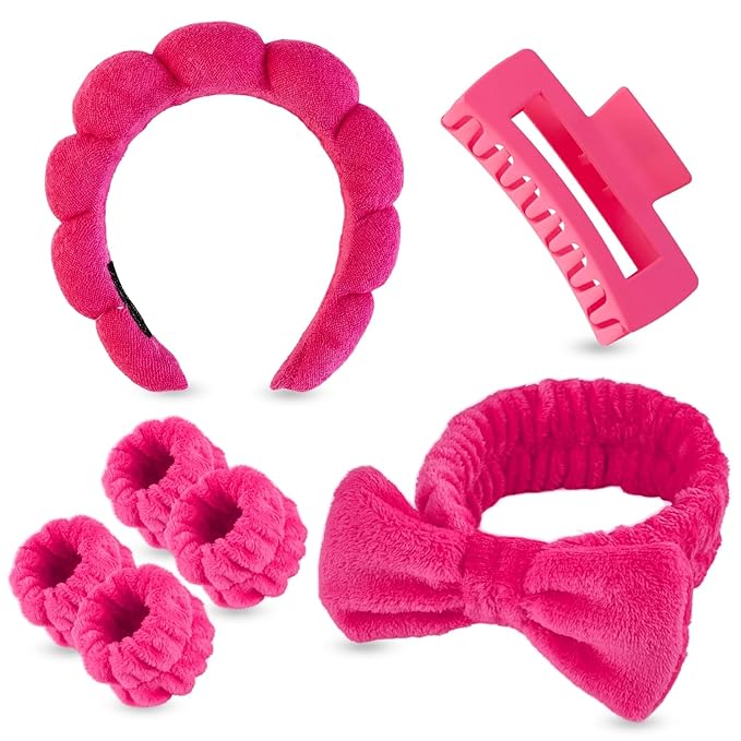 Yaqulen 7 Pcs Spa Set, Facial Headband and Wristband Set, Skincare Accessories, College Style Girl Idea Gifts, Hair Accessories for Women and Girls（Hot Pink）
