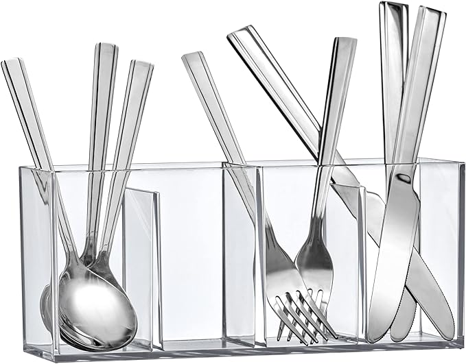 Amazing Abby - Glamour - Acrylic 4-Compartment Makeup Organizer, Transparent Plastic Makeup Brush Holder, Perfect Bathroom Vanity Storage Solution for Makeup Brushes, Eyebrow Pencils, and More