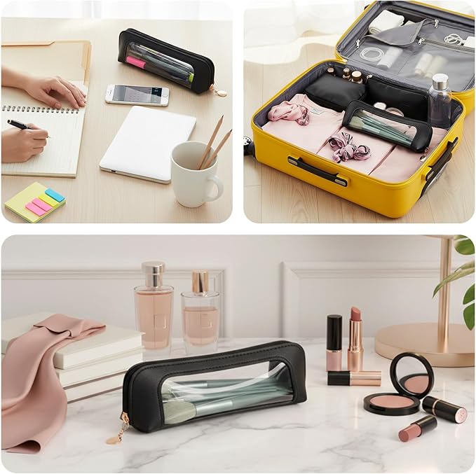 Sibba Small Clear Makeup Bag Travel Makeup Bag PU Leather Make up Brush Case Clear Cosmetic Bags Make up Organizer Zipper Pouch for Women Home Travel Office Cosmetic Storage (Black)