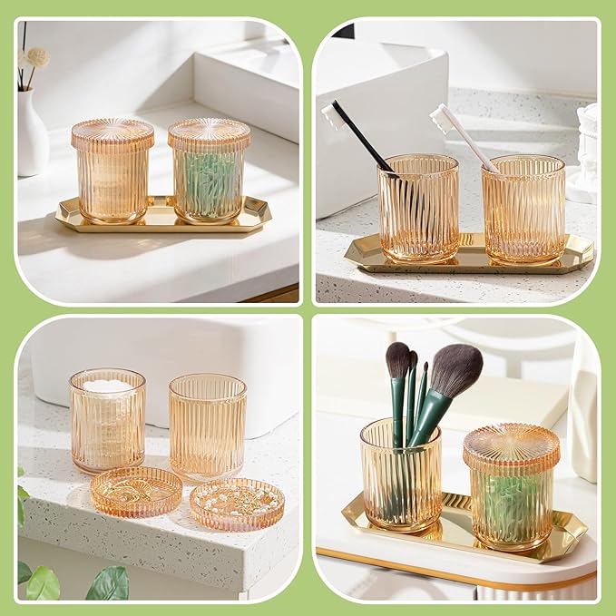 Yiyiring 2 Pack Glass Cotton Swab Holder with Lids and 1 Pack Stainless Steel Trays and Labels Glass Swab Dispenser Cotton Ball Holder Apothecary Jars Floss Pick Containers Bathroom Organizers(Amber)