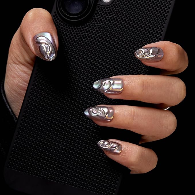 VSALON Press on Nails Short Almond - Chrome Silver Cat Eye 3D Swirl Design Fake Nails Kit for Women, Reusable Salon Quality Glue on Nails - 32 PCS Stick on Nails in 16 Sizes with Glue & Cuticle Oil