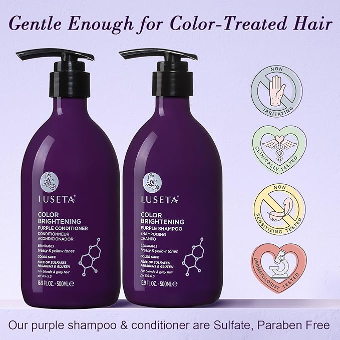Luseta Purple Shampoo and Conditioner Set for Blonde Hair - Eliminates Brassiness & Tones Gray, Bleached Hair - Neutralizes Yellow Tones, Enhances Cool Shades, Sulfate Free - 16.9 Fl Oz Each