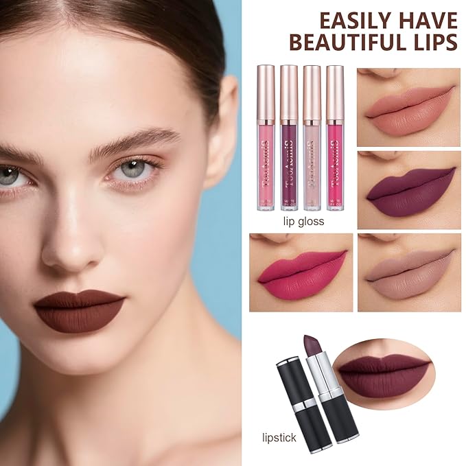 Makeup Set for Women Full Kit Includes, eyeshadow、 liquidfoundation,Loose powder,Eyebrow pencil,Lipstick Eye Pencil Makeup BrushesMakeup practice board 4-color lip gloss set