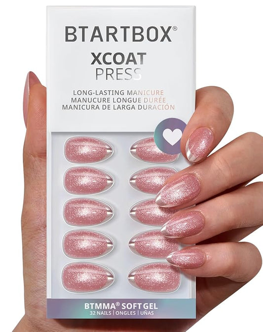 BTArtbox Press On Nails Almond - Gilded Cheer, Lamp-Curable Short Glitter French Tip Press On Nails with Glue and Adhesive Tabs for Women in 16 Sizes - 32 Soft Gel Glue On Nails Kit