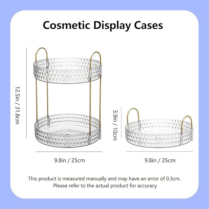 Gold Rotating Makeup Organizer for Vanity, 2-Tier Large Capacity Perfume & Skincare Organizer with Brush Holder, 360° Bathroom Countertop Organizer for Cosmetics, Jewelry & Hair Products