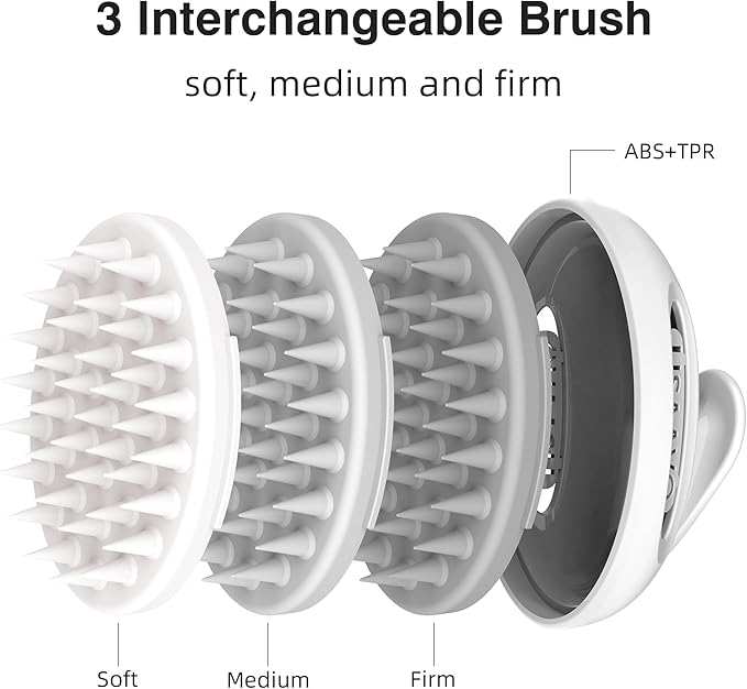 LISAAVO Scalp Massager Brush, with 3 Replacement Heads, 3 Softness for Selection, Shampoo Brush for Relaxing, Deep Cleansing Exfoliator & Soothes itching - Wet/Dry Use for All Hair Types, White