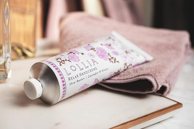 LOLLIA Relax Handcreme Bundle, 4 oz. & .33 oz. – Lavender & Honey – Scented Hand Cream for Women, Moisturizing Hand for Dry Hands, Shea & Cocoa Butter, Quick Absorbing Lotion, Travel Lotion