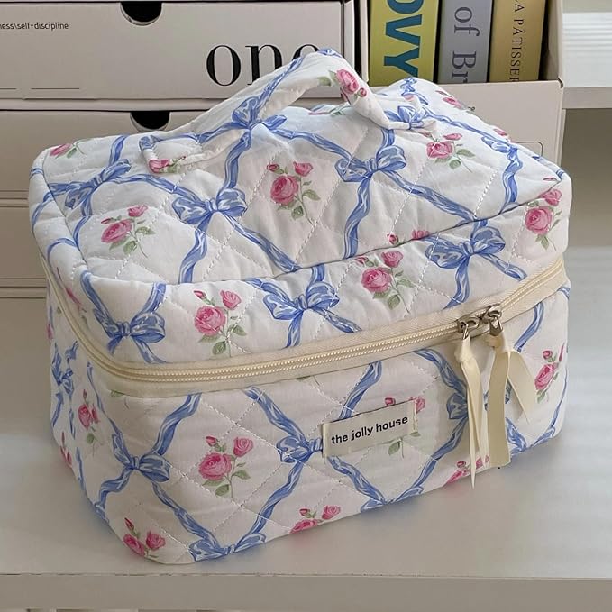 Cute Makeup Bag Aesthetic Floral Quilted Cotton Cosmetic Bag Travel Organizer Toiletry Pouch 3 Pack Set (01Blue Bow)