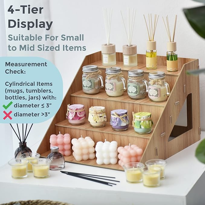 4-Tier Retail Wooden Display Riser - Farmers Market Craft Fair Display Rack - Candle Soap Display Stand for Craft Shows - Wood Countertop Pop Up Shop Display Rack for Tumblers Cupcakes Candy