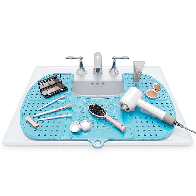 Sink Topper Bathroom Counter Cover & Storage Saver, Foldable Silicone Mat for Hot Tools, Hair Styling & Makeup, Beauty Brush Cleaning Mat, RV Camper Sink Cover & for Small Spaces (Large Pacific Blue)