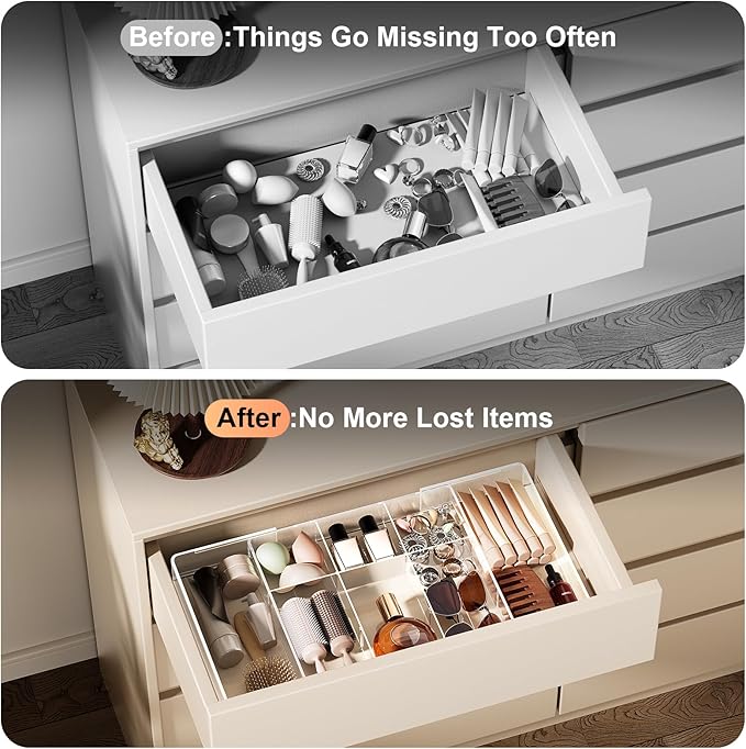 Expandable Desk Drawer Organizer, Acrylic Drawer Organizer Trays with 11 Adjustable Compartments 6 Removable Dividers Desk Accessories for Makeup Utensil Junk Office Kitchen Bathroom ( Clear, 2Pcs )