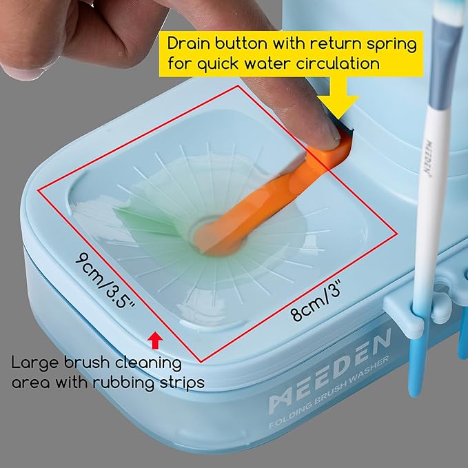 MEEDEN Portable Paint Brush Cleaner: Paint Brush Rinser with Drain for Acrylic, Watercolor & Water-Based Paints - 5-Slot Silicone Brush Washer & Holder, Blue