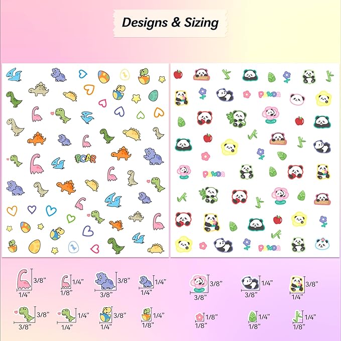 4 Sheets of 3D Nail Stickers - 292 Cute Nail Decals - Embossed Nail Stickers for Kids | Kawaii Theme - Flowers, Hearts, Bunny, Panda, Dinosaurs | Glow in The Dark