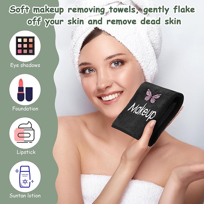 Shimeyao 20 Pack Makeup Towels Black Makeup Washcloths for Face Butterfly Microfiber Remover Cloth 13x13 Inch Quick Dry Face Towels for Cleansing Hand