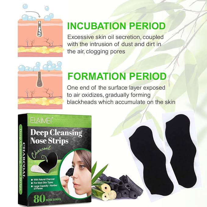 Pore Strips,Natural Charcoal Deep Cleansing Pore Strips ，Nose Strips for Blackheads，Black Heads Removal for Nose Face，Deep Cleansing for All Skin Types(80pcs)
