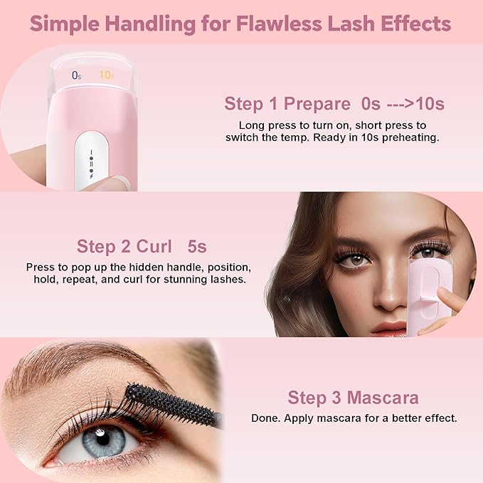 Visible Heated Eyelash Curler, Rechargeable Electric Eyelash Curlers 10S Fast Heat, Safe Anti-Burn Mini Heat Eye Lash Curler 24Hrs Long Lasting Natural C Curl Lashes (Pink)