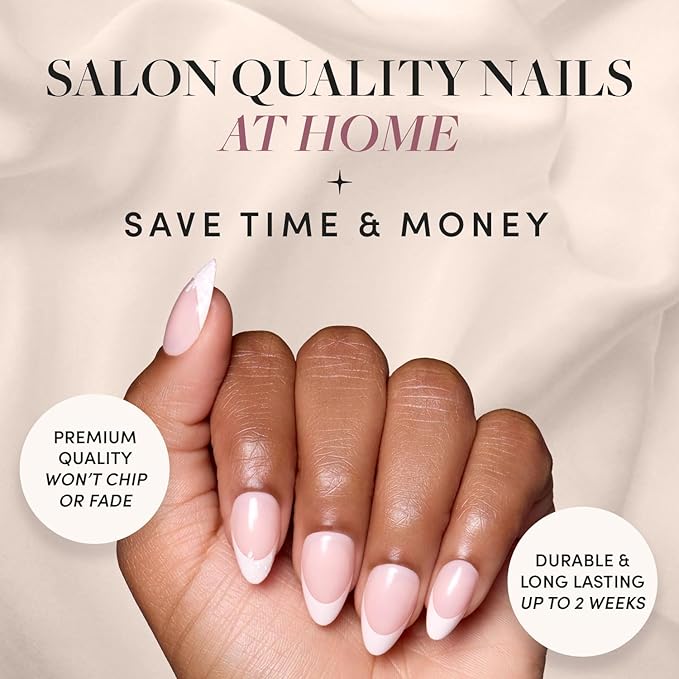 Glamnetic Press On Nails - All Time Love | Glossy, Semi-Transparent, Short Almond French Tip Nails with Leaf Accents, Salon Quality | 15 Sizes - 30 Nail Kit with Glue