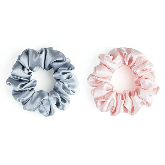 SILKLAB 22 Momme 100% Mulberry Silk Scrunchies (2 Pack, Silver, Light Pink), Well-Hold Elastic for No-Damage, Soft Hair Ties, 6A Grade, OEKO-TEX Certified, Reduces Frizz & Breakage