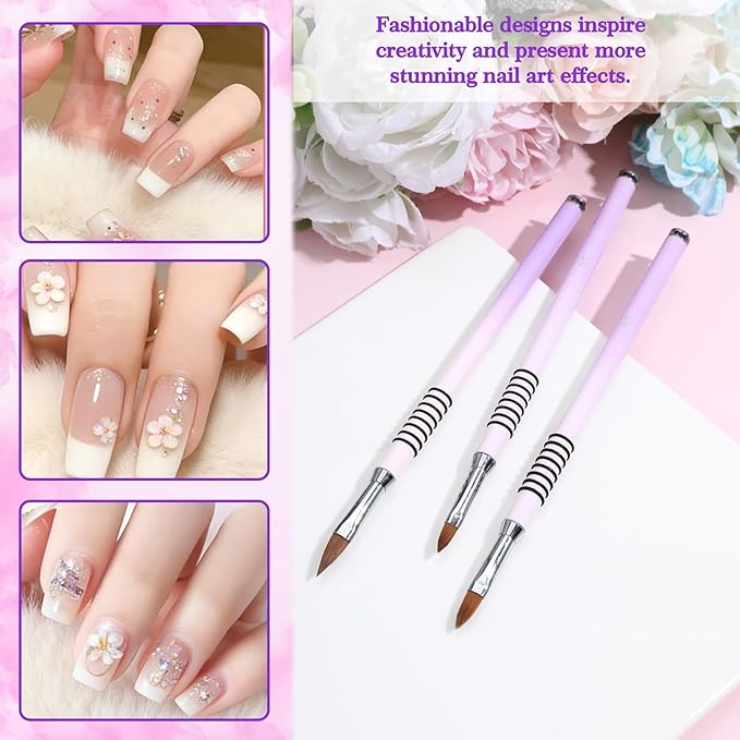 Purple-Pink Gradient Acrylic Nail Brush 3PCS Nail Art Brushes Set Non-slip Grip Handle Professional Nails Design Pens Tools for Acrylic Application, Extension & 3D Carving - Sizes 2/4/5
