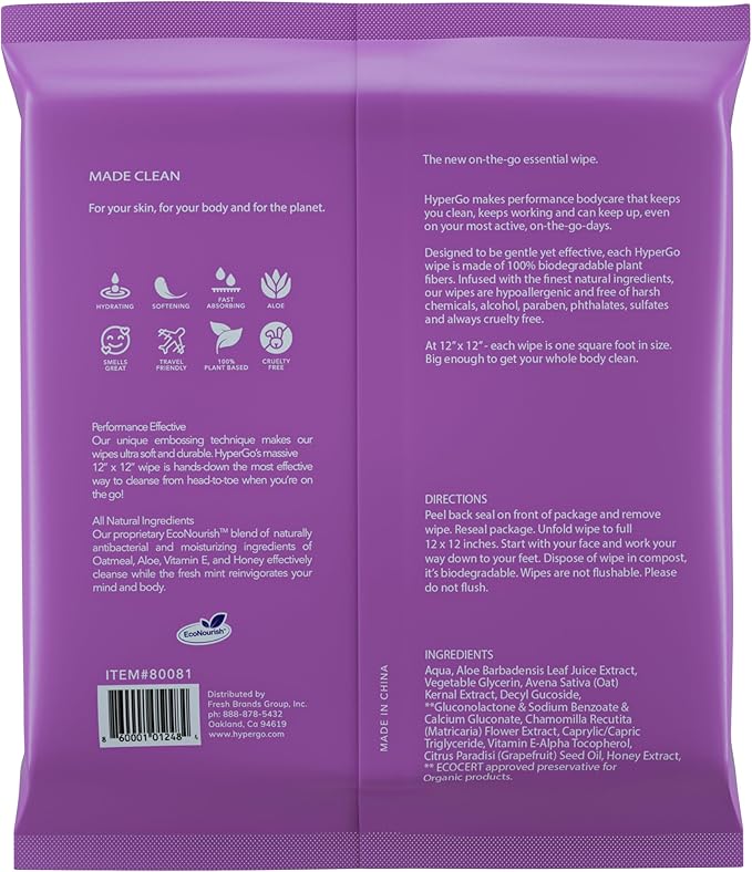 HyperGo XL Body Wipes for Women & Men – 12" x12" Rinse-Free Full Body Cleansing Wipes 2-20 Count Packs - Lavender | Biodegradable, Hypoallergenic, Aloe-Infused | Gym, Festival, Camping Essentials